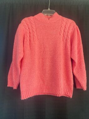 Vintage 80’s Relaxed Cable-Shoulder Turtleneck Sweater - Coral Pink